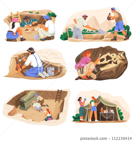 Archaeologist. Cartoon archeologist working with dig instrument on archeology excavation site, search ancient artifact historical discovery anthropology, recent vector illustration 112238414
