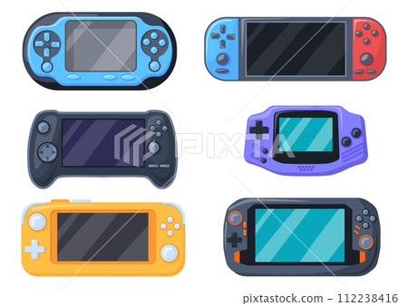 Handheld consoles. Retro portable console, modern switch controller psp nintendo gameboy nerdy geek hipster gaming, game computer 112238416
