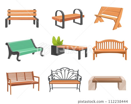 Cartoon wooden benches. Wood bench set, street relaxation place garden couch modern seats city outside park urban outdoor furniture Cartoon wooden benches. Wood bench set, street relaxation place garden couch modern seats city outside park urban outdoor furniture 112238444
