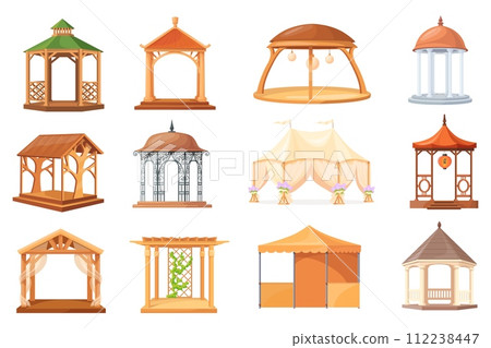 Gazebo. Cartoon pergola for summer house, outdoor stand alcove canopy beach pavilion or garden tent shelter, bower patio marque park wedding event arbor, neat vector illustration 112238447