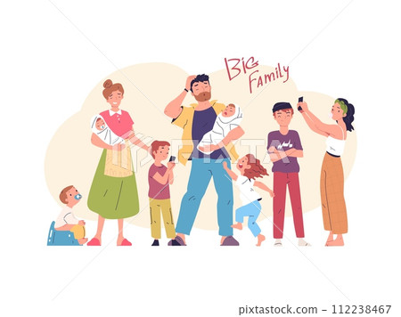 Many children family. Large happy families foster tall cute child, tired stressed parenting newborn babies adult kids, father mom parents daughter son, classy vector illustration 112238467