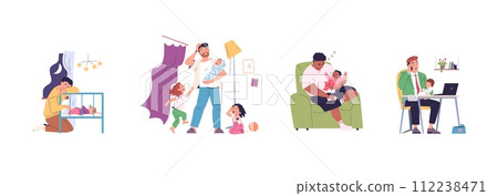 Tired father. Single dad tired father, frustrated tired man with toddler at home crib, annoyed sleepy parent crying baby colic parenting family problem, classy vector illustration Tired father. Single dad tired father, frustrated tired man with toddler at home crib, annoyed sleepy parent crying baby colic parenting family problem, classy vector illustration 112238471