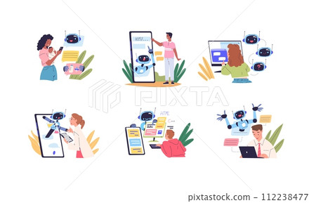 People chatbot communications. Student correspondence with gpt chat bot in phone, ai software artificial intelligence technology assistive robot service, classy vector illustration 112238477