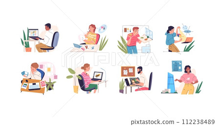 Designers creative occupation. Interior industrial or graphic designer inspiration working pc workplace, digital artist furniture architect development, classy vector illustration 112238489