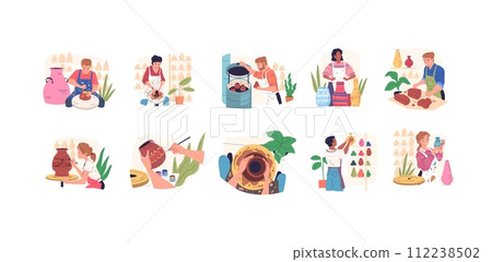 Pottery hobby. People making handmade ceramics in artisan workshop, ceramic handcraft clay craftsmanship mastering artist painting create craft Pottery hobby. People making handmade ceramics in artisan workshop, ceramic handcraft clay craftsmanship mastering artist painting create craft 112238502