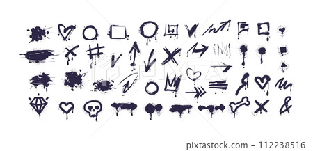 Stencil spray elements. Graffiti ink sprayed element, brush sponge paint splash drip line dirty print design template, splatter shape mud grunge effect classy vector illustration Stencil spray elements. Graffiti ink sprayed element, brush sponge paint splash drip line dirty print design template, splatter shape mud grunge effect classy vector illustration 112238516