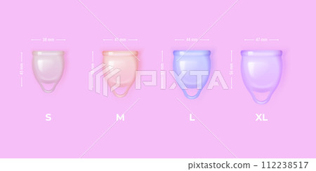 Realistic menstrual cups. 3d menstruation cup different size width height, nature feminine hygiene medical product for girl blood woman pms cycle period, exact vector illustration Realistic menstrual cups. 3d menstruation cup different size width height, nature feminine hygiene medical product for girl blood woman pms cycle period, exact vector illustration 112238517