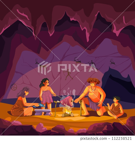 Ancient family in cave. Prehistoric couple at campfire fire inside stone hut with primitive painting wall neanderthal survival people paleolithic history recent vector illustration 112238521