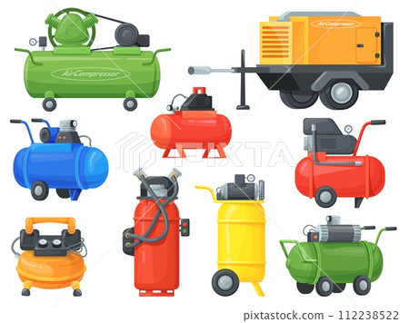 Air compressors. Pneumatic compressor for cold construction or paint work, generator pressure flow tank cylinder with valve car compression machine cartoon neat vector illustration Air compressors. Pneumatic compressor for cold construction or paint work, generator pressure flow tank cylinder with valve car compression machine cartoon neat vector illustration 112238522