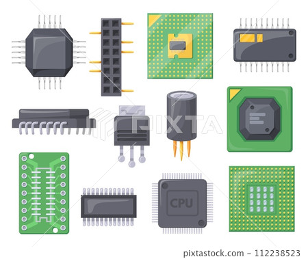 Cartoon semiconductor chips. Gpu or cpu processor microchip for motherboard and electronic circuit board, computer smartphone micro chip mobile phone, neat vector illustration 112238523