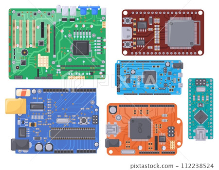 Microcontrollers. PCB electrical boards, semiconductor microchip technology computers machine, circuit module electronics arduino concept hardware pi chip, neat vector illustration Microcontrollers. PCB electrical boards, semiconductor microchip technology computers machine, circuit module electronics arduino concept hardware pi chip, neat vector illustration 112238524