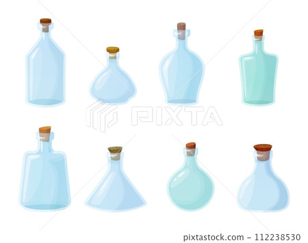 Cartoon empty glass bottles. Game vial for magic potion, wine water spirit drink or chemical liquid, ancient clear bottle with wooden cork for wizard inventory vector illustration 112238530
