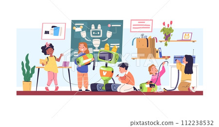 Children assemble robots. Kids create robot, child engineering school project mechanic robotic lab development, student teamwork making science invention classy vector illustration Children assemble robots. Kids create robot, child engineering school project mechanic robotic lab development, student teamwork making science invention classy vector illustration 112238532