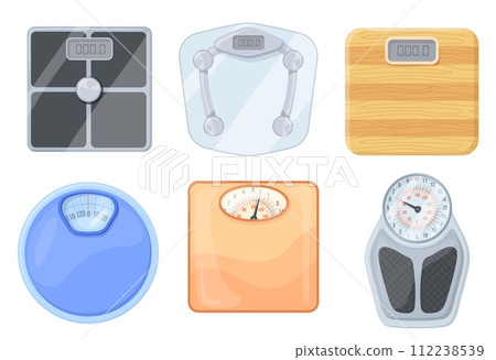 Bathroom digital scales. Household floor weight, electronic scale top view for foot weigh fat body in diet lifestyle, measure balance weighing loss mass, neat vector illustration 112238539