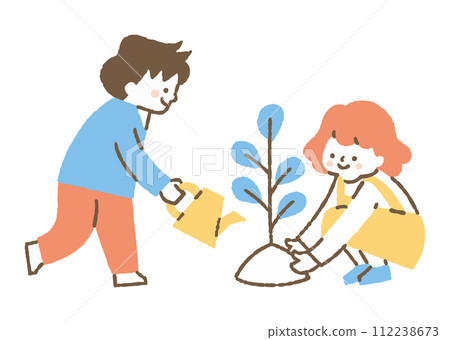 A boy and a girl trying to plant a tree seedling_color 112238673