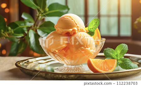 在咖啡館拍攝的玻璃碗中盛裝的橙味冰淇淋 112238703