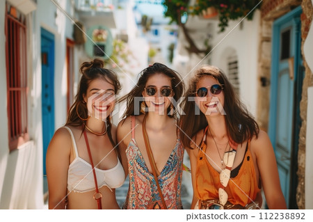 Three women are smiling and posing for a photo on a street Three women are smiling and posing for a photo on a street 112238892