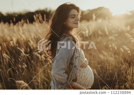 A woman is standing in a field of tall grass, smiling and looking at the camera 112238894
