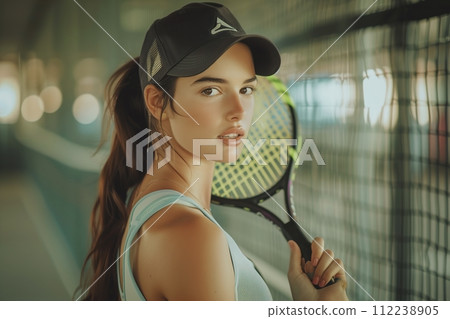 A woman is holding a tennis racket and wearing a black hat 112238905