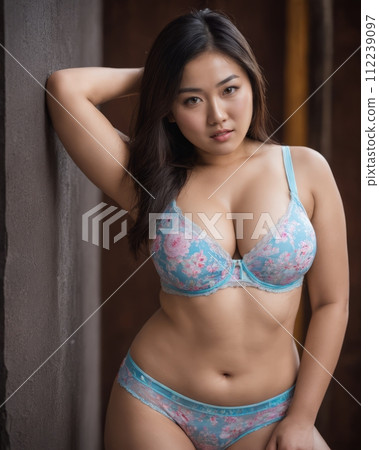 an asian woman in a blue floral bra and panties 112239097