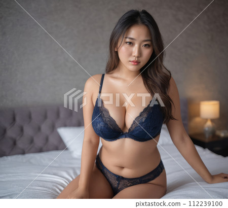 an asian woman in a blue lingerie sitting on a bed 112239100