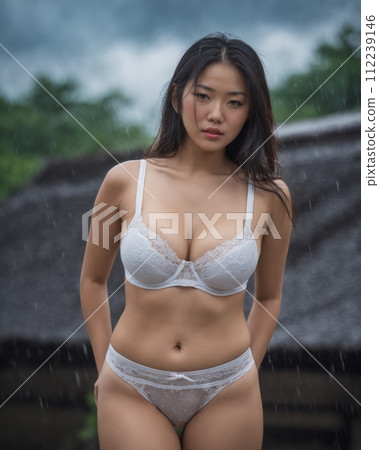 an asian woman in white lingerie standing in the rain an asian woman in white lingerie standing in the rain 112239146