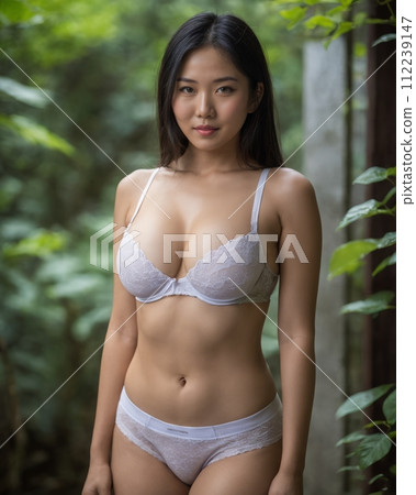 an asian woman in white lingerie standing in the woods 112239147