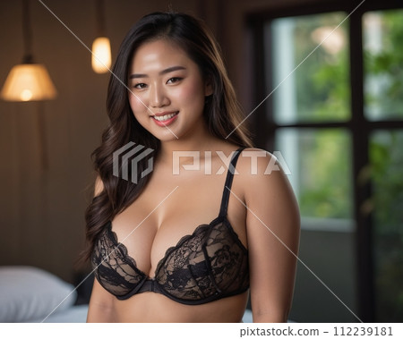 an asian woman wearing a black lace bra 112239181