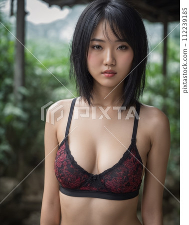 an asian woman wearing a red bra top and black underwear an asian woman wearing a red bra top and black underwear 112239185