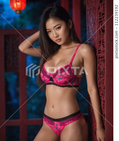 a beautiful asian woman in pink lingerie posing for the camera 112239192