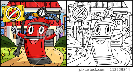 Firefighter Fire Extinguisher Colored Illustration Firefighter Fire Extinguisher Colored Illustration 112239844