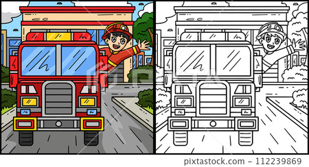 Firefighter Waving from Fire Truck Illustration Firefighter Waving from Fire Truck Illustration 112239869