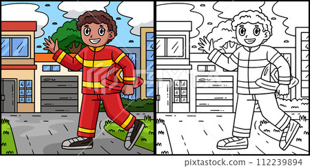 Firefighter Holding Hard Hat Coloring Illustration Firefighter Holding Hard Hat Coloring Illustration 112239894