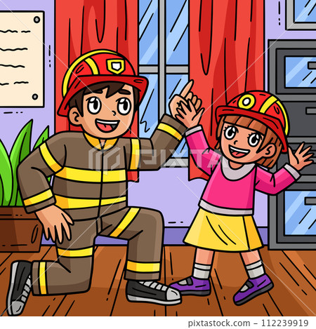 Firefighter and Child Colored Cartoon Illustration 112239919
