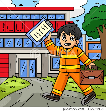 Firefighter Going to the Station Colored Cartoon  112239938