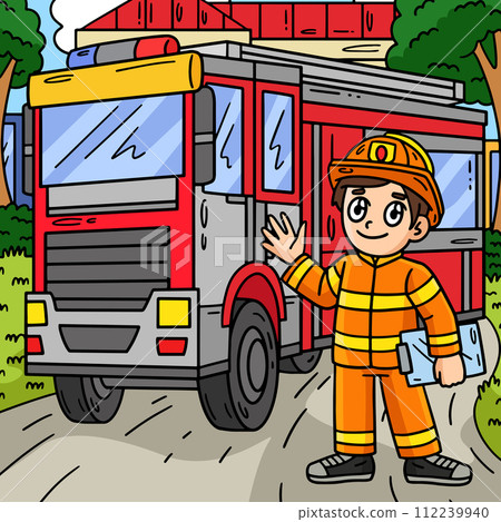 Firefighter and Fire Truck Colored Cartoon  112239940