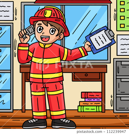 Firefighter Receiving a Call Colored Cartoon  112239947