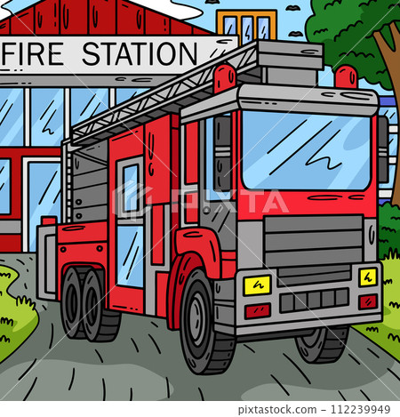 Firefighter Truck Colored Cartoon Illustration Firefighter Truck Colored Cartoon Illustration 112239949