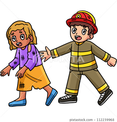 Firefighter Escorting a Survivor Cartoon Clipart  112239968