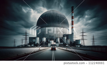 AI-generated content. A dramatic industrial scene featuring a nuclear power plant with multiple cooling towers. AI-generated content. A dramatic industrial scene featuring a nuclear power plant with multiple cooling towers. 112240081