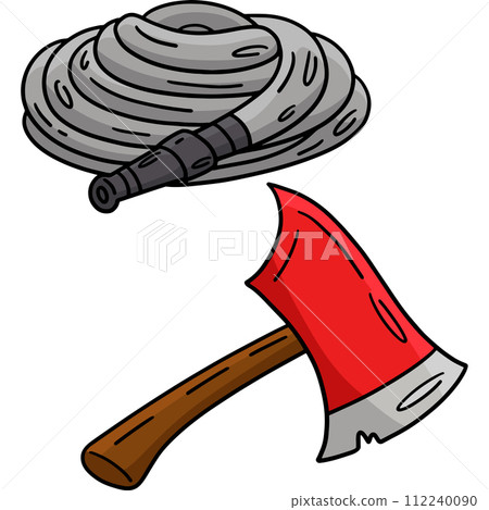 Firefighter Hose and Ax Cartoon Colored Clipart  112240090