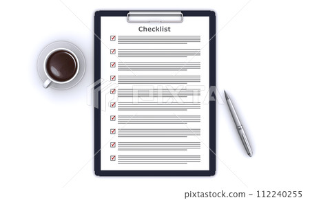Clipboard checklist, pen and coffee 112240255