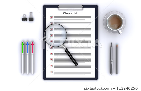 Check checklist with magnifying glass, business goods 112240256