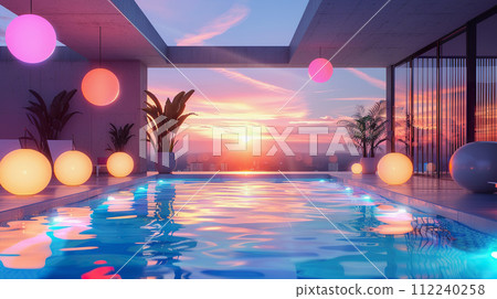 AI-generated content. Luxurious rooftop swimming pool with vibrant glowing lights, sunset sky 112240258