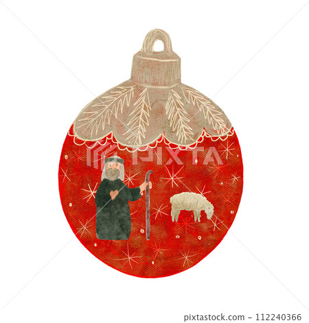 Watercolor Christmas tree textured ball with nativity scene isolated on white 112240366