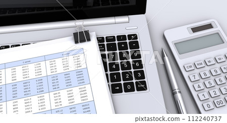 商業材料、筆記型電腦、計算器、原子筆、商業策略建構和數據分析的圖像 112240737