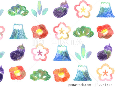 Cute watercolor set of Mt. Fuji, plum, eggplant and pine motifs Cute watercolor set of Mt. Fuji, plum, eggplant and pine motifs 112241548