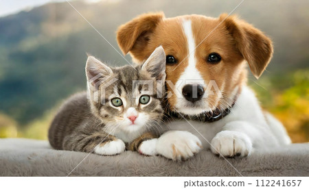 Dog and cat cuddling pet family Dog and cat cuddling pet family 112241657