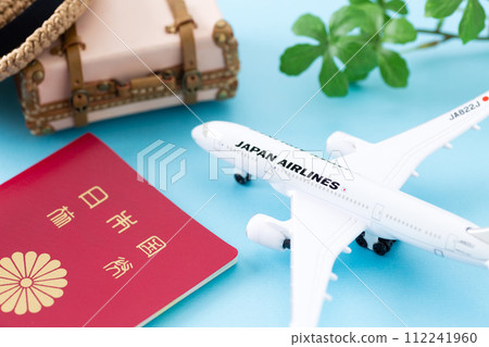 Travel bag trunk, passport and airplane 112241960