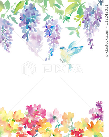 Watercolor illustration of abstract wisteria flowers, flowers and birds for background 112242011